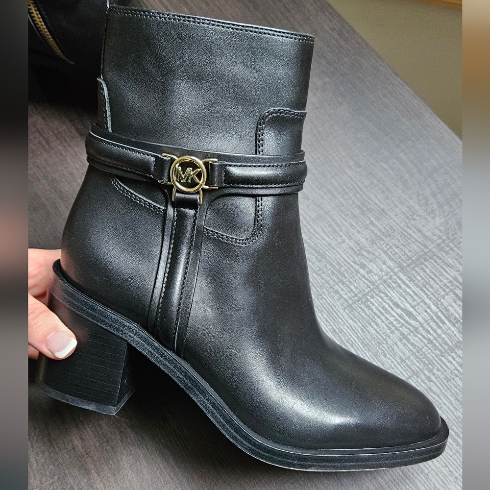 Michael Kors Black Heeled Boots with Gold Accent